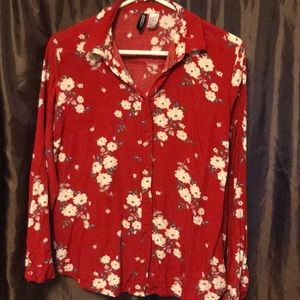 Red floral button down blouse